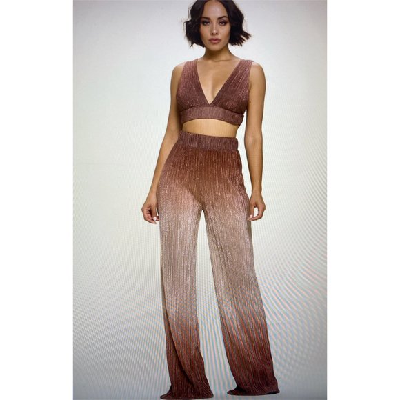 METALLIC 2PC SHIMMERY BROWN/BEIGE TOP & PANT SET - Picture 1 of 2